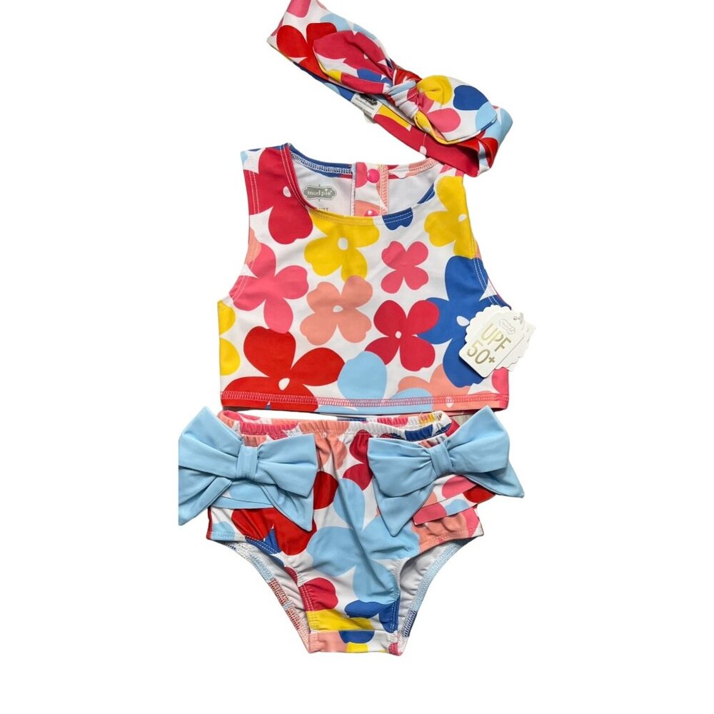 Mud Pie 24m/2T NWT multi colored floral swimsuit 2pc set tankini headband bows